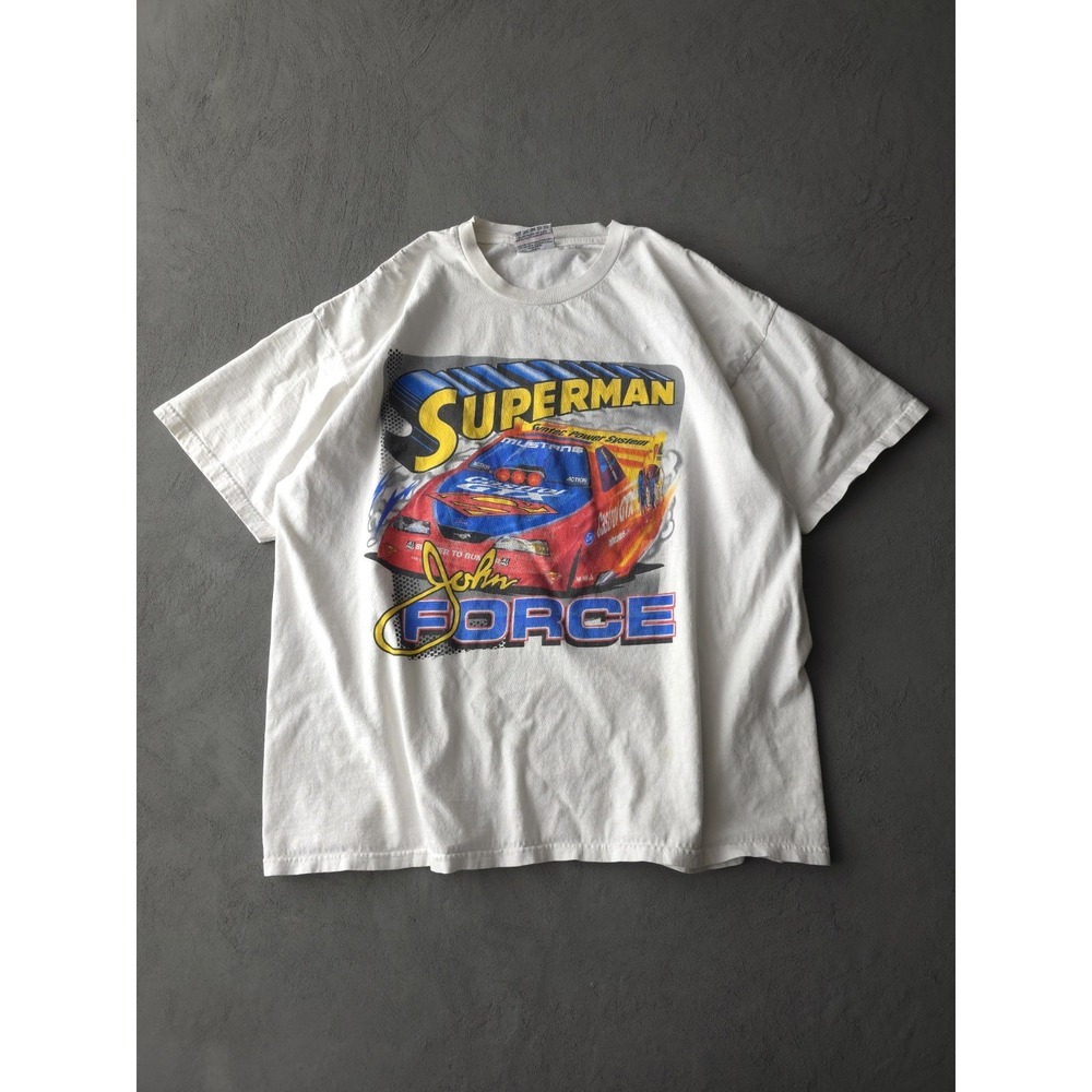 Vintage 2000s Y2K Superman John Force NASCAR Double-Sided White T-shirt XXL
